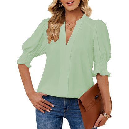 Chemise Shiying à manches mi-longues et col en V pour femme