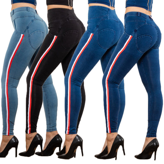 Jean crayon extensible noir Melody pour femme de Shascullfites, effet rehausseur de fesses, détails rayés, coupe slim, jegging en denim