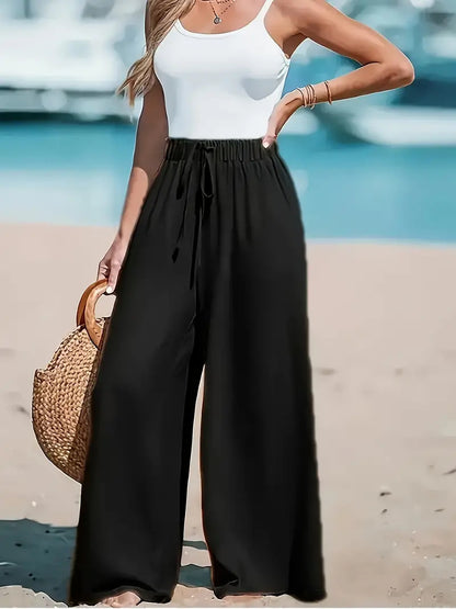 Pantalon ample décontracté à jambes larges avec faux cordon de serrage pour femme