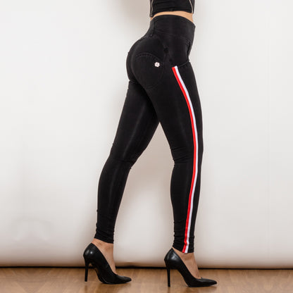 Jean crayon extensible noir Melody pour femme de Shascullfites, effet rehausseur de fesses, détails rayés, coupe slim, jegging en denim