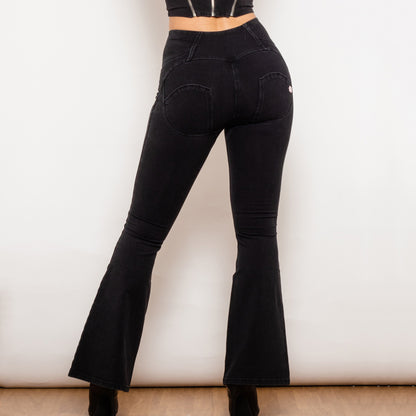 Shascullfites Melody Jean évasé boutonné  Jean push-up Pantalon en denim taille haute pour femme