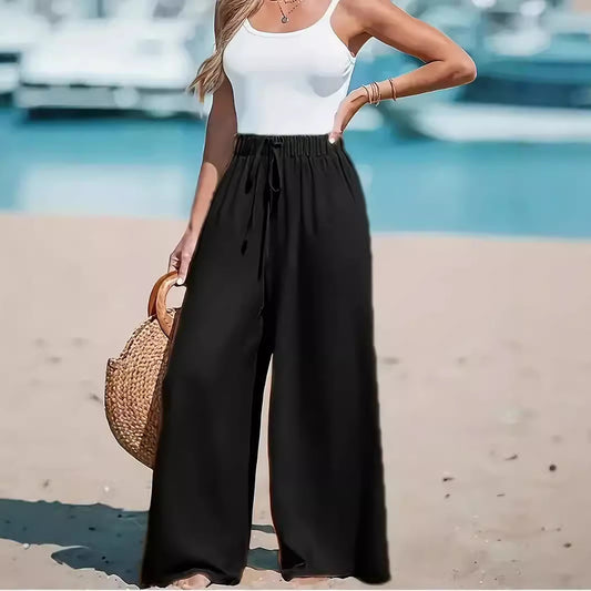 Pantalon ample décontracté à jambes larges avec faux cordon de serrage pour femme