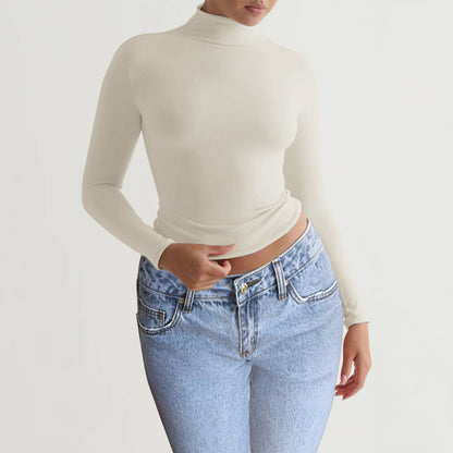 Chemise à manches longues en tricot unie ajustée pour femmes